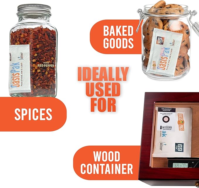 OasisPak 69% RH Two-Way Humidity Control Packs (1 Pack) - 67 Gram Packs | Maintain Humidty, Freshness, Flavors & Aromas | Salt-Free, Leak-Proof Moisture Absorbers for Storage Cases & Containers