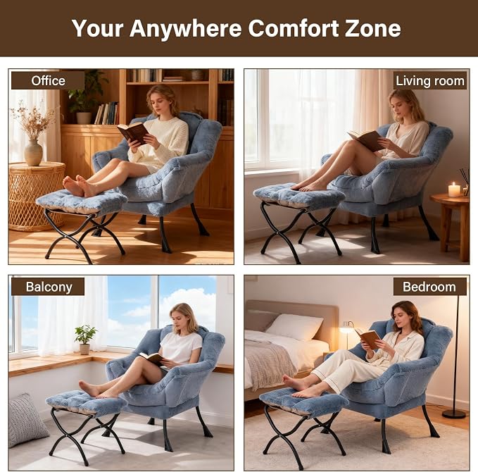 Welnow Lazy Chair with Ottoman, Reading Chair with Footrest, Plush Light Blue | - Image 6