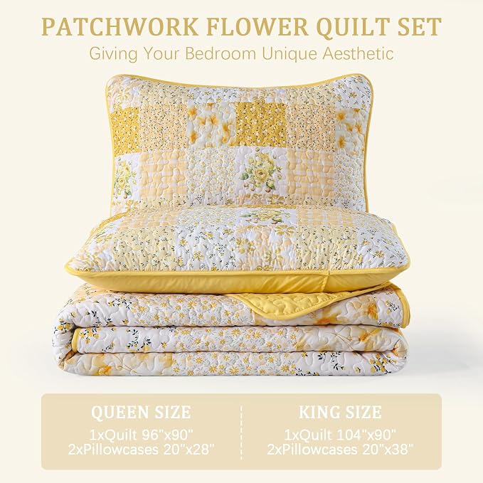 Mybedsoul Patchwork Quilt King Size, Soft Yellow Boho Floral King Bedspreads - Image 7