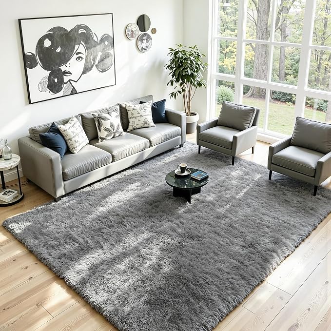 4x6 Fluffy Area Rug for Living Room: Non-Slip Light Grey Bedroom Carpet | Ultra - Image 2