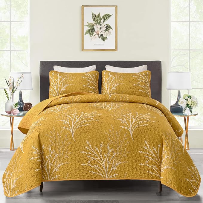 DJY Yellow Quilt Set Queen Size Branch Botanical Bedspread Coverlet Set | 3 by HOME