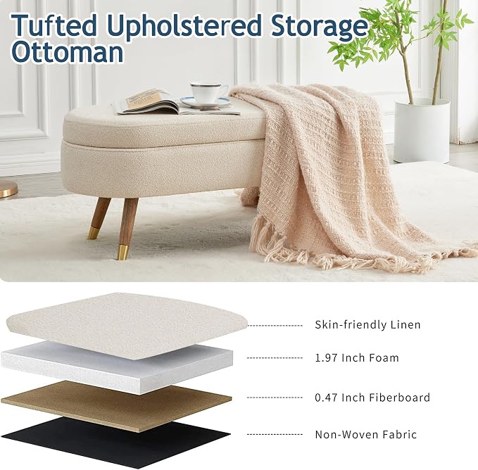 IAFIKE Oval Storage Bench 43.5" Ottoman Bench Upholstered Boucle Fabric - Image 5