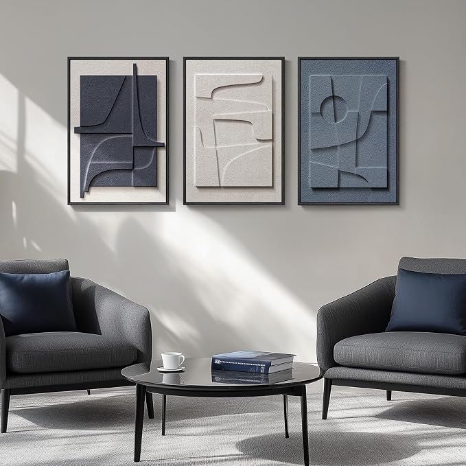 3D Textured Framed Blue and White Abstract Wall Art Set, 3 Piece, 16x24 In | - Image 4