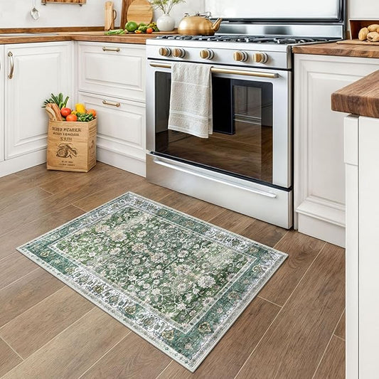 KUTA Vintage Floral Green Entryway Rug 2x3, Kitchen Rugs Non-Slip Washable Throw Rug, Ultra Thin Soft Print Front Door Mat Indoor Doormat for Entrance, Bedside, or Small Spaces