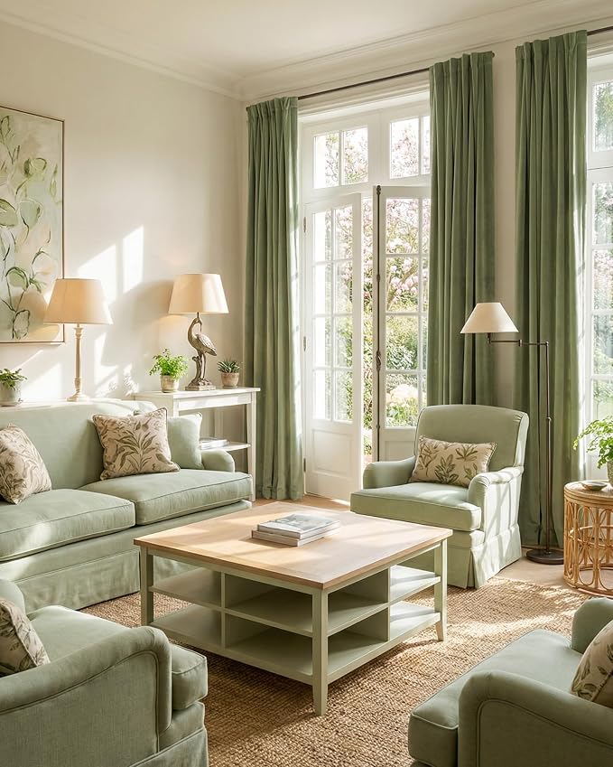 Back Tab Sage Green Velvet Blackout Curtains 108 inches, 2 Panels | Thermal - Image 8