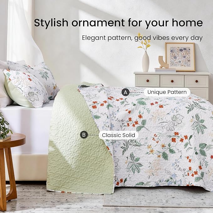 EXQ Home Printed Quilt Set Full Queen Size Green Leaves Bedspread Set | Bedding - Image 4