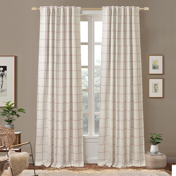 DriftAway 100% Blackout Plaid Linen Curtains 102 Inches Long 2 Panels Red | by DriftAway
