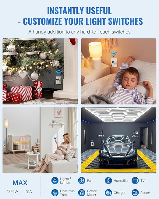 WILAWELS Remote Control Outlet Wireless Wall Mounted Light Switch, Wireless On Off Remote Outlet Switch with Magnetic Base, 100ft RF Range, 15A/1875W, Two Switches for One 0utlet W09RC2106