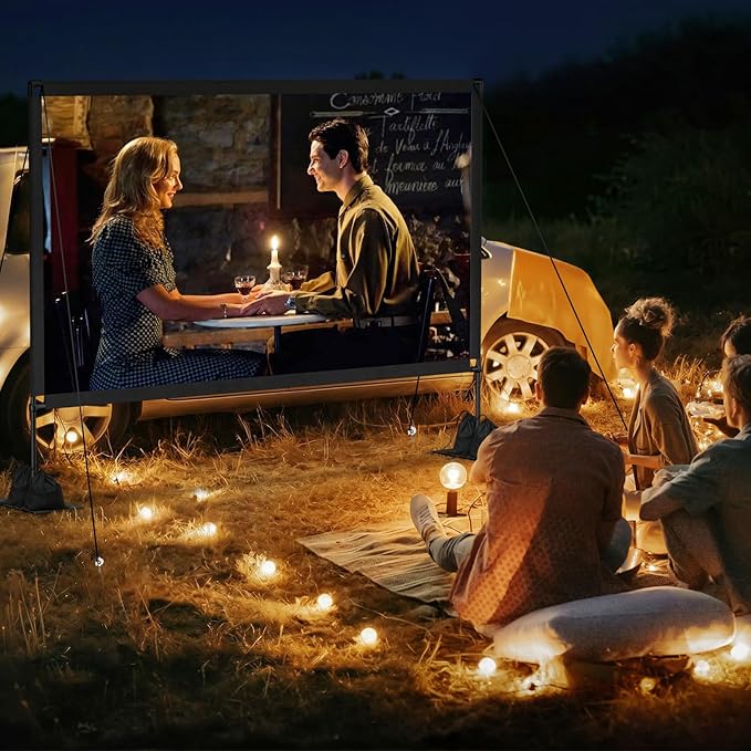 120inch Outdoor Projector Screen with Stand: 16:9 4K HD Portable Projector Screen Outdoor Indoor - Front/Rear Movie Screen with Carry Bag, Sandbag - Projection Screen for Backyard, Camping, Theater