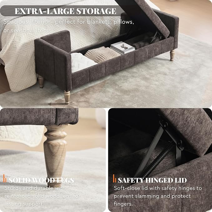 64.6" End of Bed Storage Bench for Bedroom, Dark Charcoal Brown. | Modern End - Image 3
