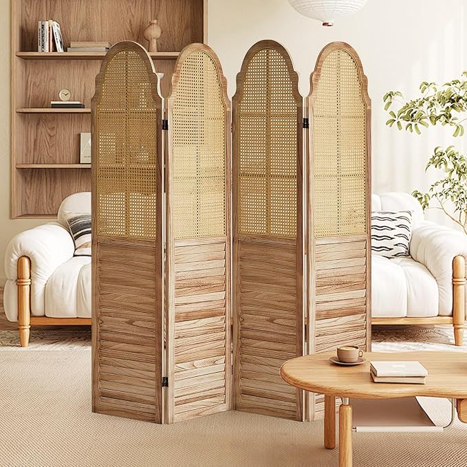 4 Panels Room Divider Wall, Rustic Rattan Room Divider, Wood Folding Privacy - Image 6