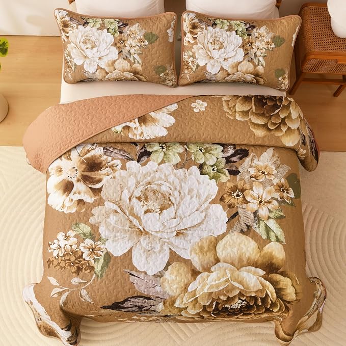 WONGS BEDDING Fall Brown Floral Quilt Set King, 3 Pieces Reversible Lightweight - Image 3