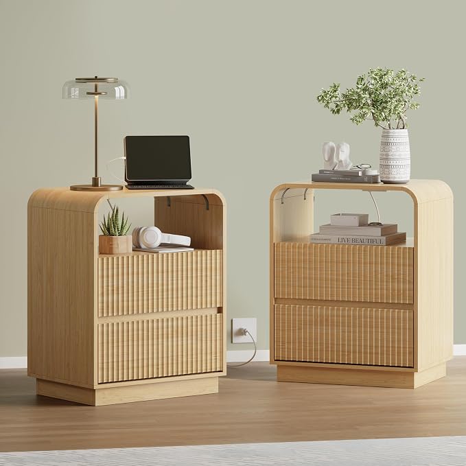 Natural Oak Nightstand with Charging Station, Mid Century Modern Bedside Table - Image 3