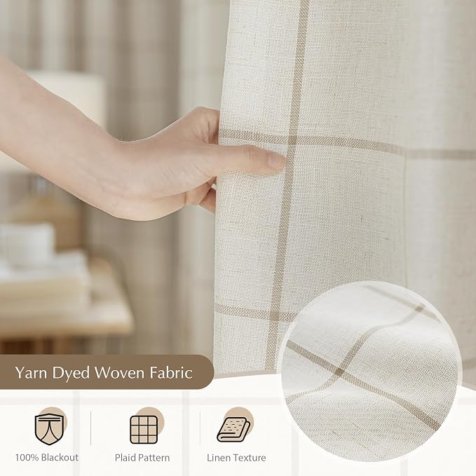DriftAway 100% Blackout Plaid Linen Curtains 72 Inches Long 2 Panels Taupe | - Image 5