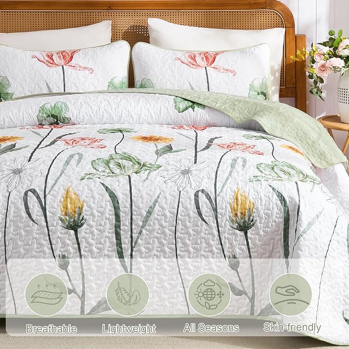 WONGS BEDDING King Size Floral Quilt Set, Sage Green Bedding | Sage Green - Image 3