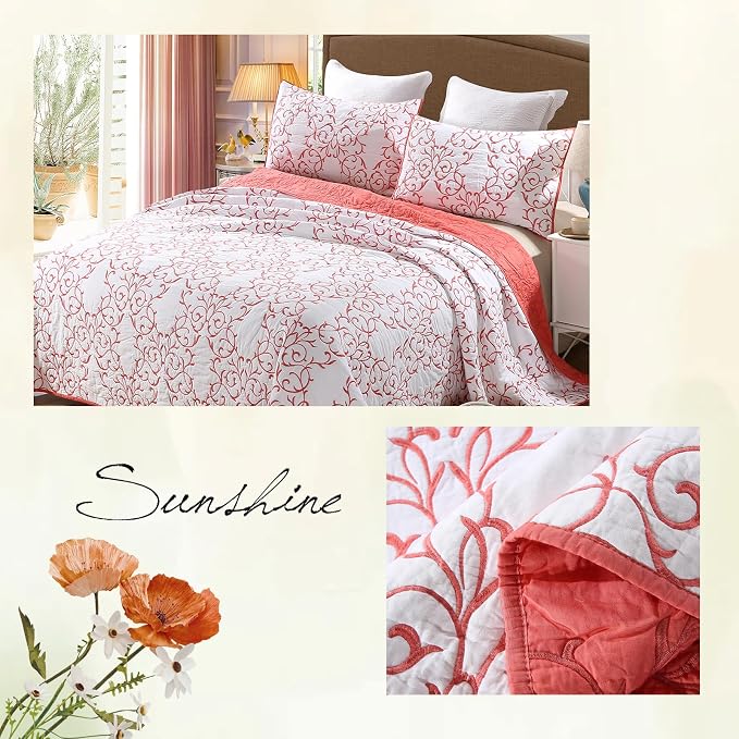 ROOMLIFE Quilt Set King Size 3D Floral Embroidery Pattern 3-Piece Cotton - Image 6