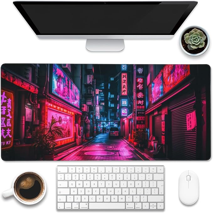 Eflxamz Desk Mat,Japanese Anime Neon Street Desk Pad,Anime City Large Gaming Mouse Pad for Desk,Extended Big Computer Keyboard Mouse Pad with Non-Slip Base and Stitched Edge,35.4"x15.7"