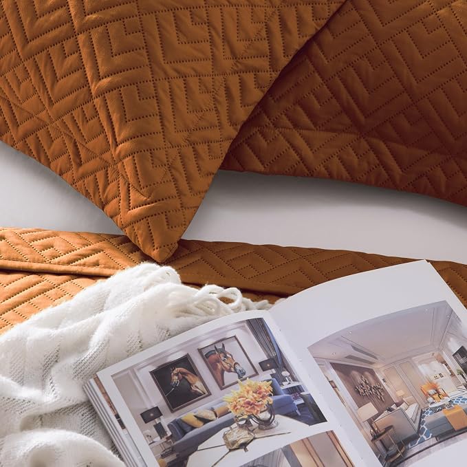 EXQ Home Twin Quilt Set Lightweight Squares Pattern Umber Bedding Set | Soft - Image 7