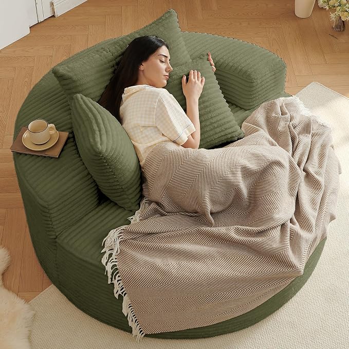 55'' Oversized Round Lounge Chaise Chair, Corduroy Upholstered Indoor Chaise - Image 3