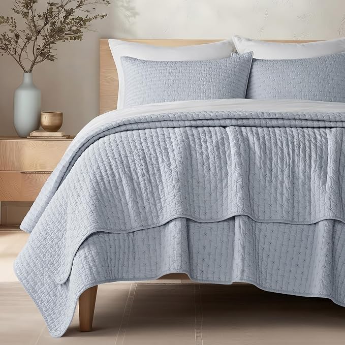 100% Cotton Cross Stitch 3-Piece Quilt Set, Powder Blue | 100% Cotton, Elegant by EVERGRACEHOME