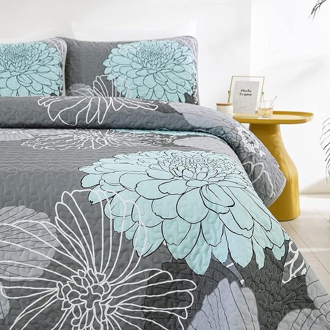 Yiran Grey Aqua Floral Quilt Set King Size, 3 Pieces Botanical Quilt Set | - Image 2