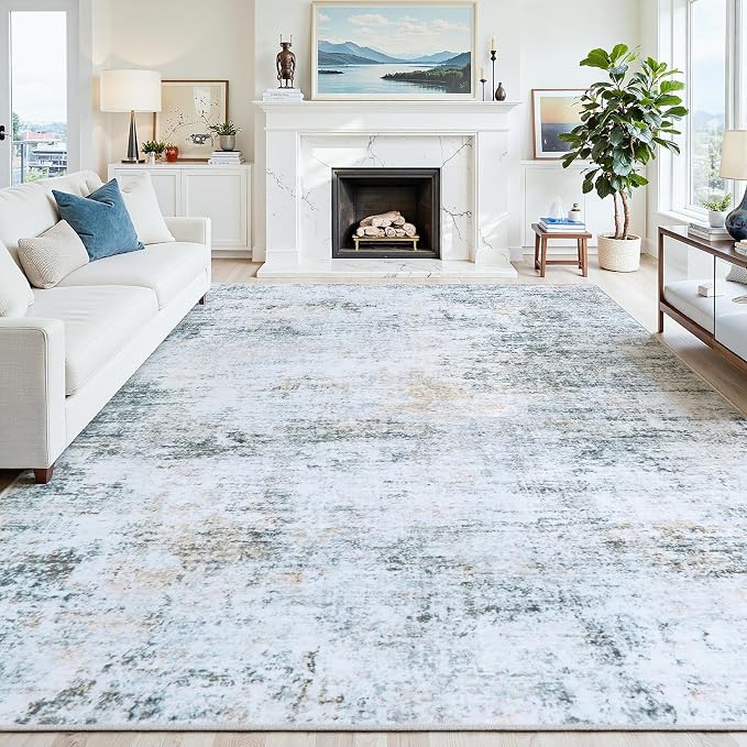 10x12 Washable Area Rug for Living Room Bedroom: Non-Slip Modern Blue Grey | by Oriannal