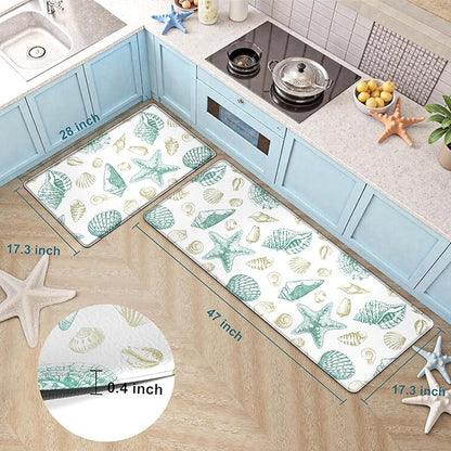 Kitchen Mats for Floor Cushioned Anti Fatigue Sets of 2 Beach Theme Kitchen Rugs Non Slip Waterproof Coastal Foam Kitchen Floor Rug Nautical Seashell Comfort Standing Mat For Sink Laundry, Green