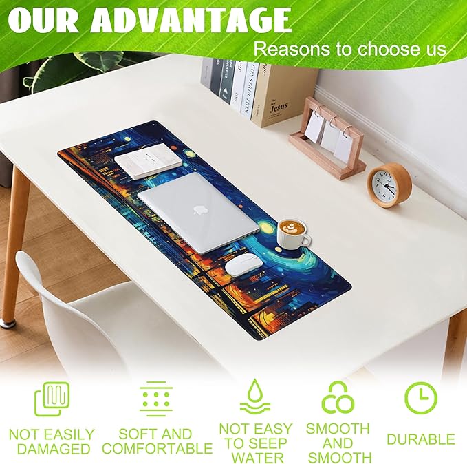 Eflxamz Desk Pad,City Starry Night Desk Mat,Abstract Oil Painting Large Gaming Mouse Pad for Desk,Extended Big Computer Keyboard Mouse Pad with Non-Slip Base and Stitched Edge,31.5"x11.8"