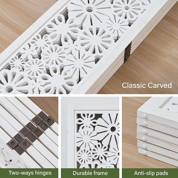 Folding Wood Room Divider Panel, 67 Inch Tall Daisy-Carved Privacy Screen - Image 2