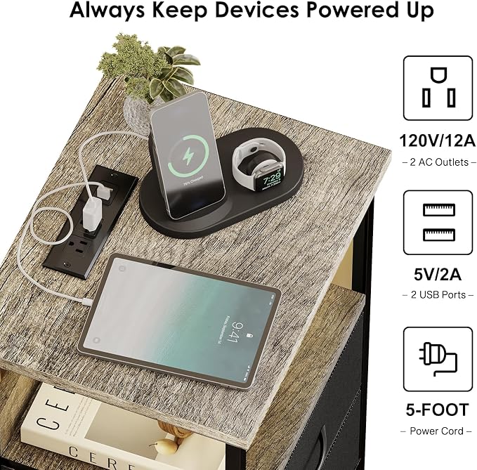 Fixwal Night Stand with 3 Fabric Drawers, Nightstand with Charging Station | - Image 5