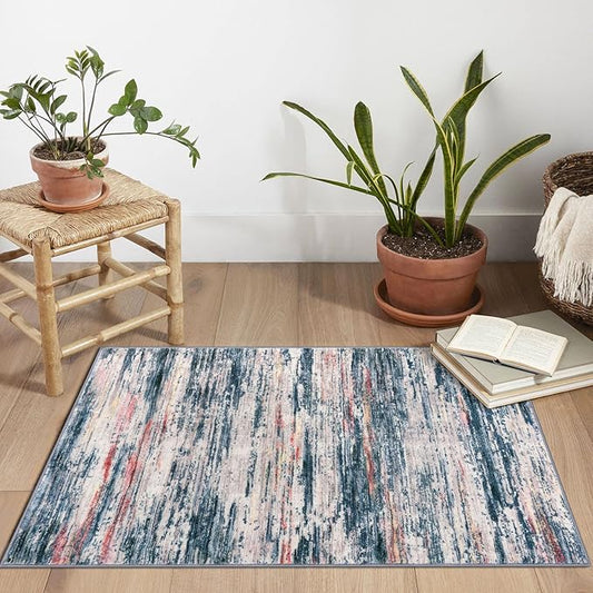 2x3 Modern Abstract Rug for Entryway, Teal Blue Peach Gray Multi Super Soft Small Washable Area Rugs, Non-Slip Low-Pile Mat Carpet for Kitchen, Bedside, Indoor Door Mat