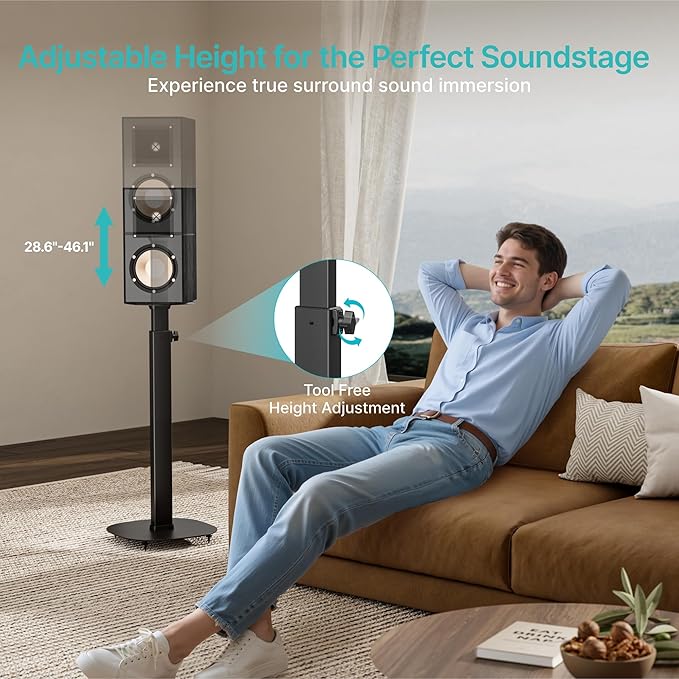 Pegzone Height-Adjustable Speaker Stand Pair from 28.6" to 46.1",22lbs Capacity,Bookshelf Speaker Stands for Surround Sound, Two Feet Avaliable, Easy Installation, Black