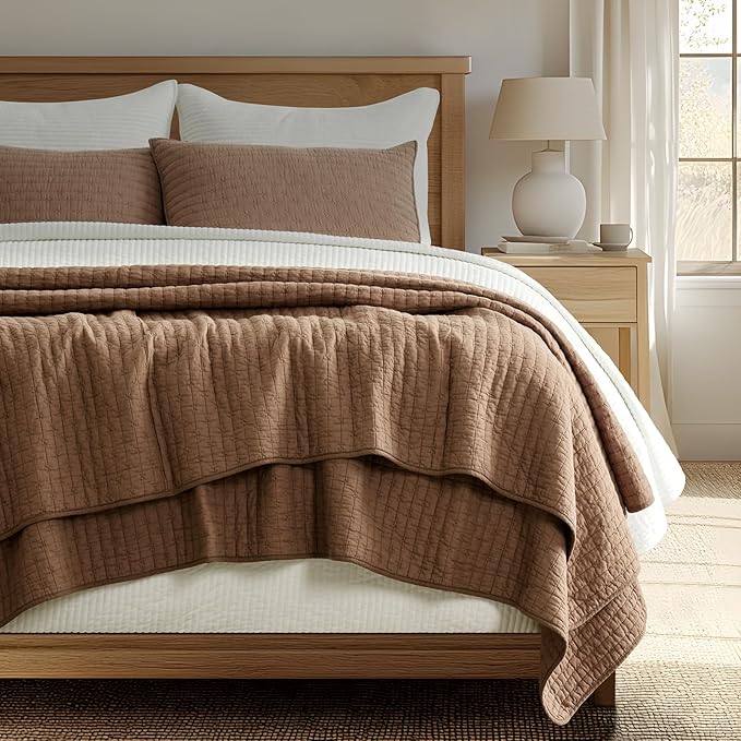 100% Cotton Cross Stitch 3-Piece Quilt Set, Camel Brown | 100% Cotton, Elegant by EVERGRACEHOME