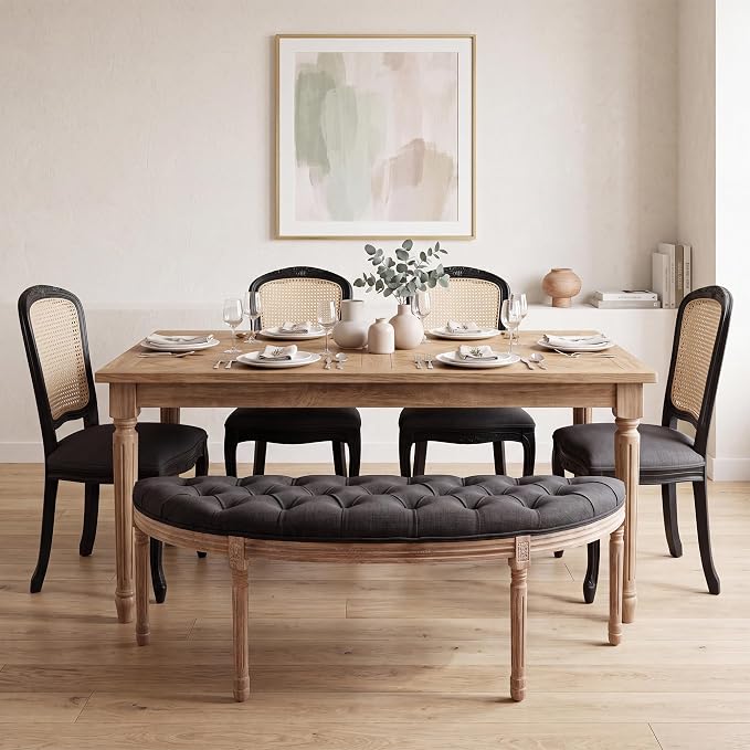 chairus 55" Button Tufted Semi-Circle Dining Bench Linen Halfmoon Entryway - Image 2
