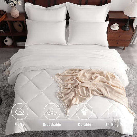NTBAY King Comforter Set with Sheets, 7 Pieces Soft and Breathable King Bedding Set, Bed in a Bag, Down Alternative Comforter Set Solid Color All Season, King Bedding Set, White