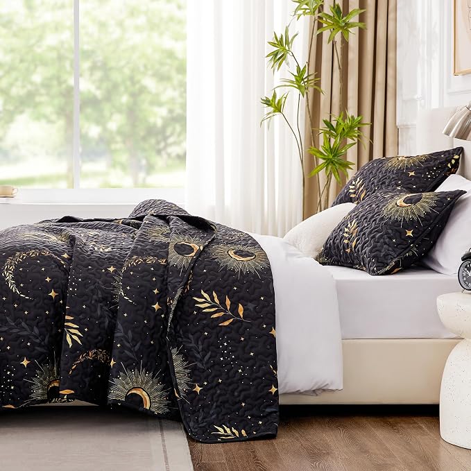 EXQ Home Quilt Set Full Queen Size Black Moon Print Coverlet | Bedding Set - Image 3