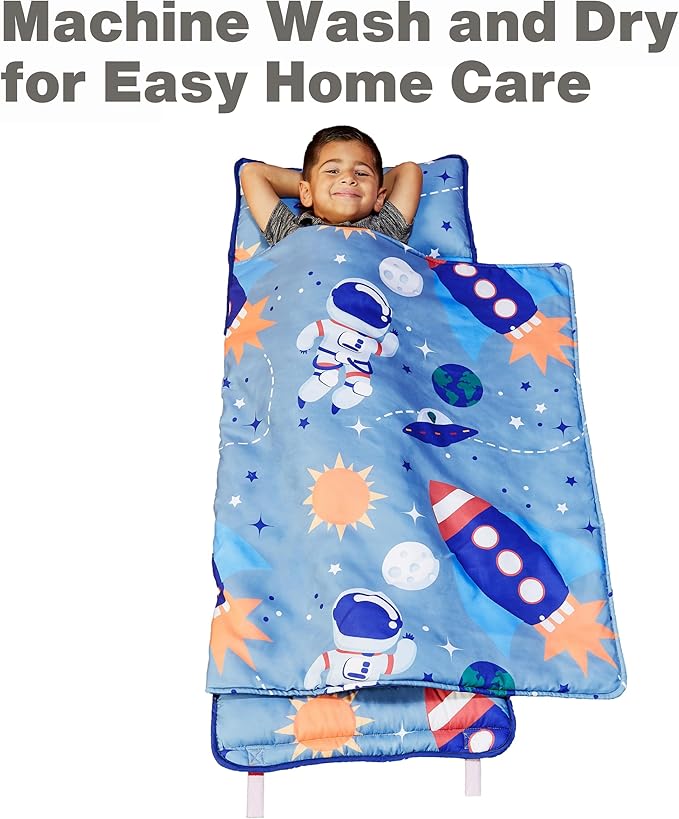 EVERYDAY KIDS Nap Mat w/Removable Pillow -Outer Space Adventures- Carry Handle with Straps Closure, Rollup Design, Soft Microfiber for Preschool, Daycare, Travel Sleeping Bag - Ages 3-6 Years