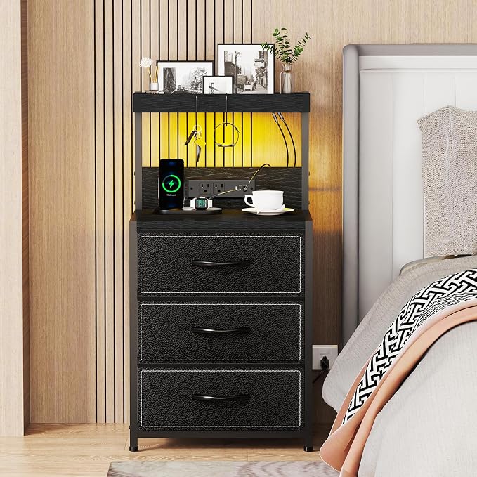 SZLHANJZ LED Nightstand with Charging Station, 3 Fabric Drawers Night Stand | - Image 2