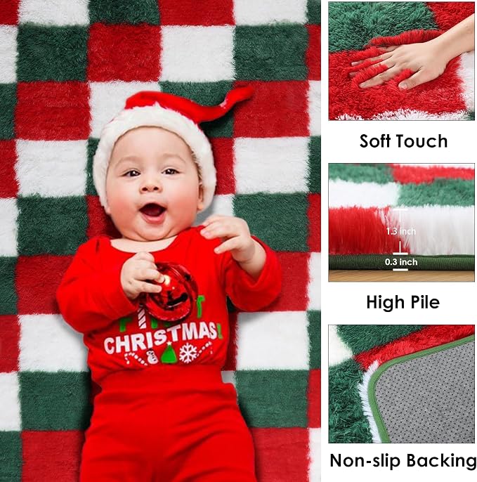 KICMOR Christmas 8x10 Area Rugs Living Room Carpet, Large Fluffy Red Green - Image 3
