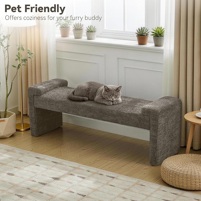 Upholstered Entryway Bench, 58.7" Modern Bedroom Bench, Curved Armrests - Image 5