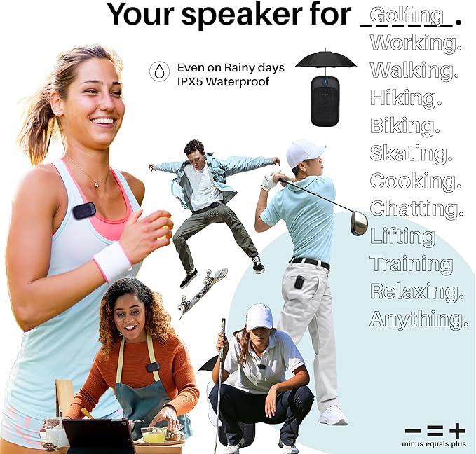 MINUS EQUALS PLUS - = + Golf Speaker/Wireless Wearable Bluetooth Speaker/Portable/Clip on/Up to 18hrs of Battery Life/Built-in Mic for Hands-Free Music and Calls/Water Resistant/Modern Design (Blue)