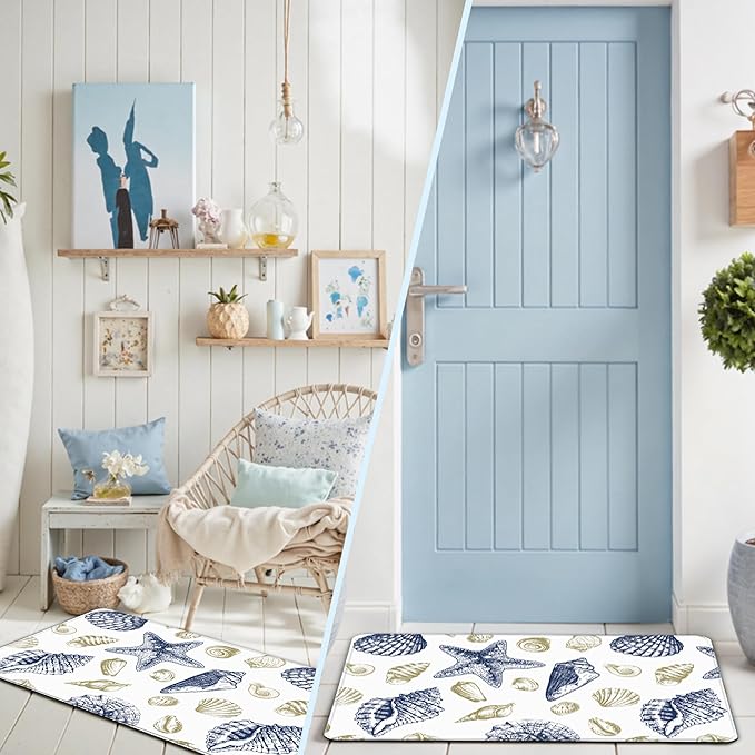 Kitchen Mats for Floor Cushioned Anti Fatigue Sets of 2 Beach Theme Kitchen Rugs Non Slip Waterproof Coastal Foam Kitchen Floor Rug Nautical Seashell Comfort Standing Mat for Sink Laundry, Navy