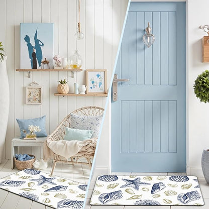 Kitchen Mats for Floor Cushioned Anti Fatigue Sets of 2 Beach Theme Kitchen Rugs Non Slip Waterproof Coastal Foam Kitchen Floor Rug Nautical Seashell Comfort Standing Mat for Sink Laundry, Navy