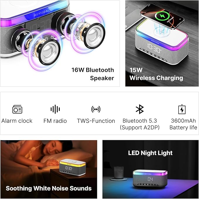 AUVODA S300 Portable Bluetooth Speaker with 15W Fast Wireless Charging, 13-Color Dimmable Night Light, White Noise, Alarm, FM Radio, 16W Stereo, BT5.3, TWS, for Home, Office, Bedroom (White)