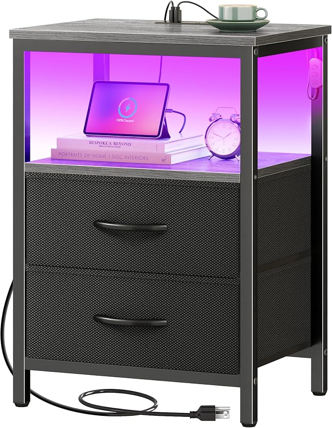 Huuger Night Stand with Charger Station and LED Lights, 2 Drawer Nightstand | by Huuger
