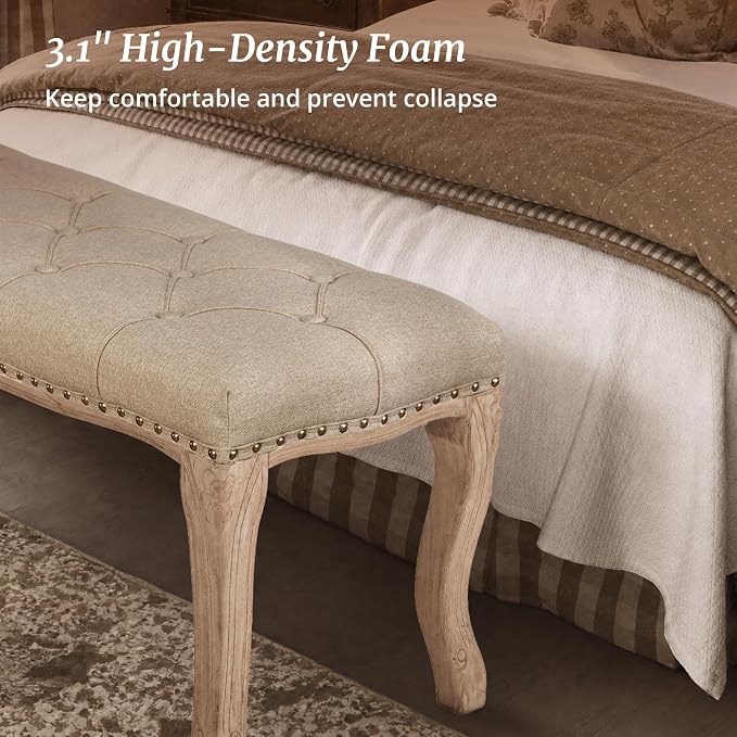 Bedroom Bench, French Vintage Tufted Entryway Bench, 45.2" Carving Upholstered - Image 8