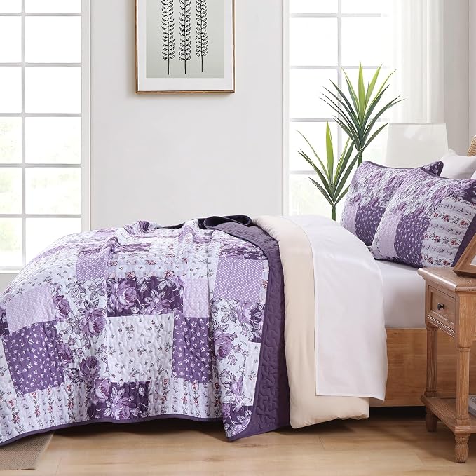Anibedding Purple Patchwork Quilt Set King, Rose Floral Plaid Bedspread | - Image 4