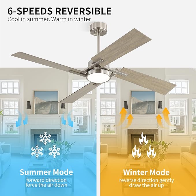 WINGBO 54 Inch Ceiling Fan with Light and Remote, 4 Plywood Blades, 6-Speed Reversible DC Motor, Dimmable, 3CCT, Farmhouse Ceiling Fan for Bedroom Living Room Kitchen, Brushed Nickel and Gray