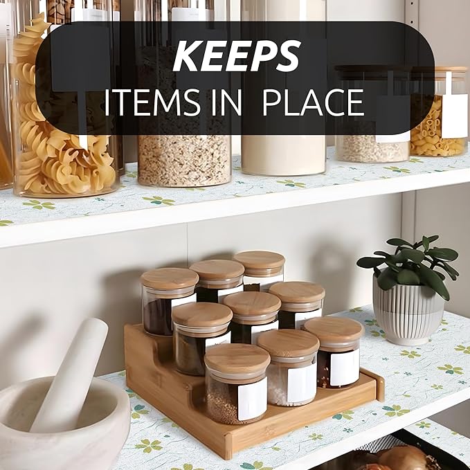 RAY STAR 18X96 Inch Shelf Liner for Kitchen Cabinets, Non-Adhesive Cabinet Liner Washable, PVC Drawer Liner for Dresser Non-Slip Bathroom (Green-Floral)(5 Roll)