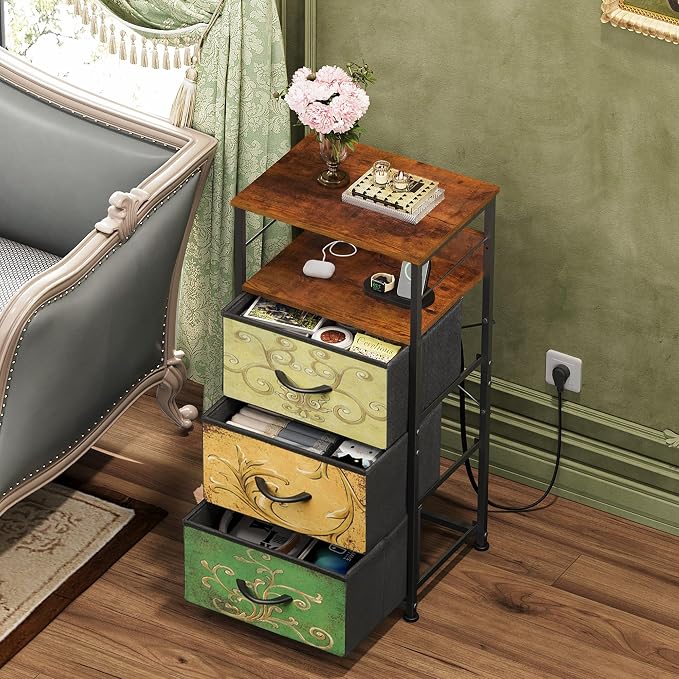 WLIVE Nightstand with Charging Station, 31.9" H Nightstand with 3 Fabric Drawers - Image 6